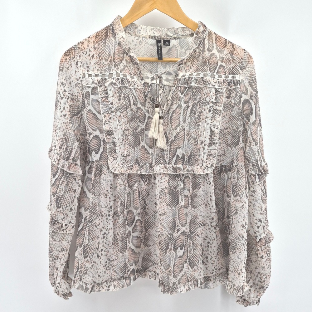ersona XS Snakeskin Print Boho Peasant Top Tassel Ruffle Sleeve‎ Sheer Romantic